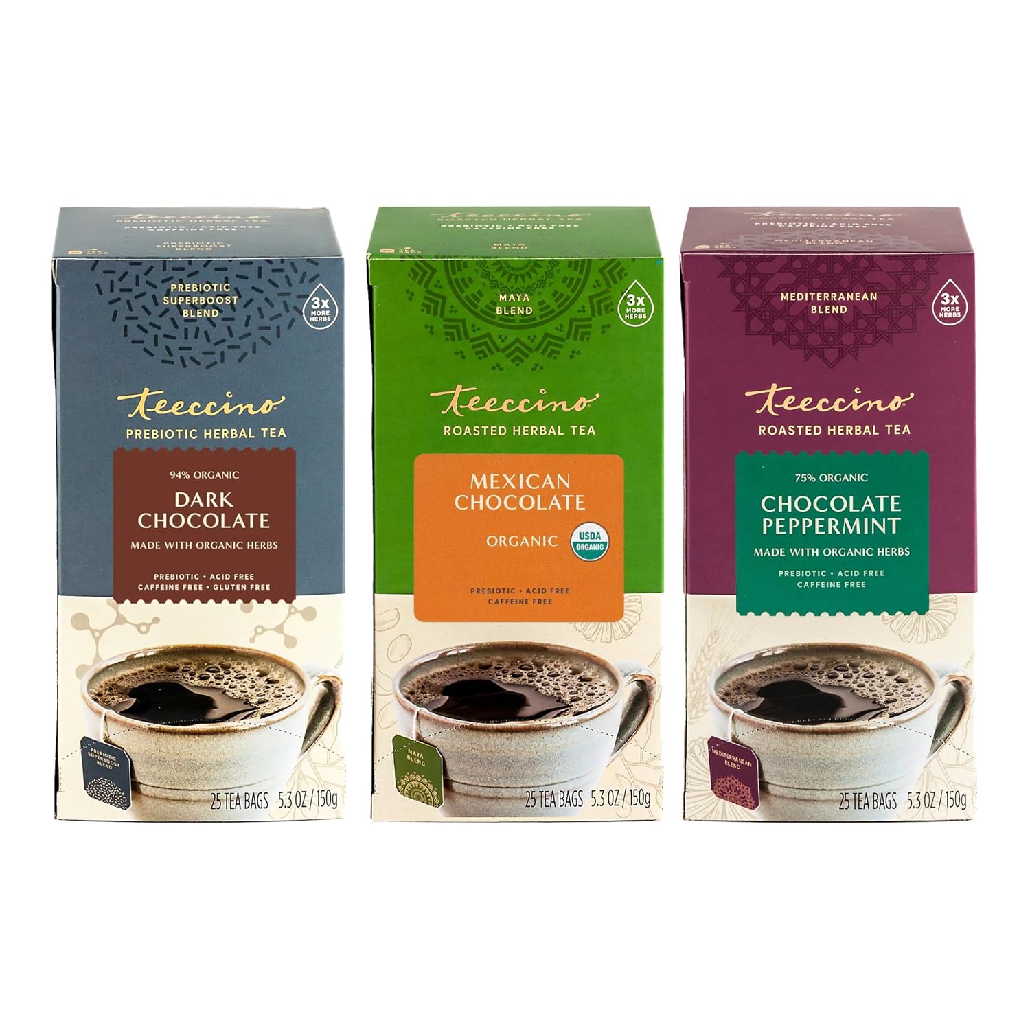 814SsA6pz6L._SL1500_.jpg Teeccino Chocolate Lover’s Tea Variety Pack - Dark Chocolate, Mexican Chocolate, Chocolate Peppermint - Roasted Herbal Tea That’s Caffeine Free & Prebiotic for Natural Energy, 25 Tea Bags (Pack of 3)