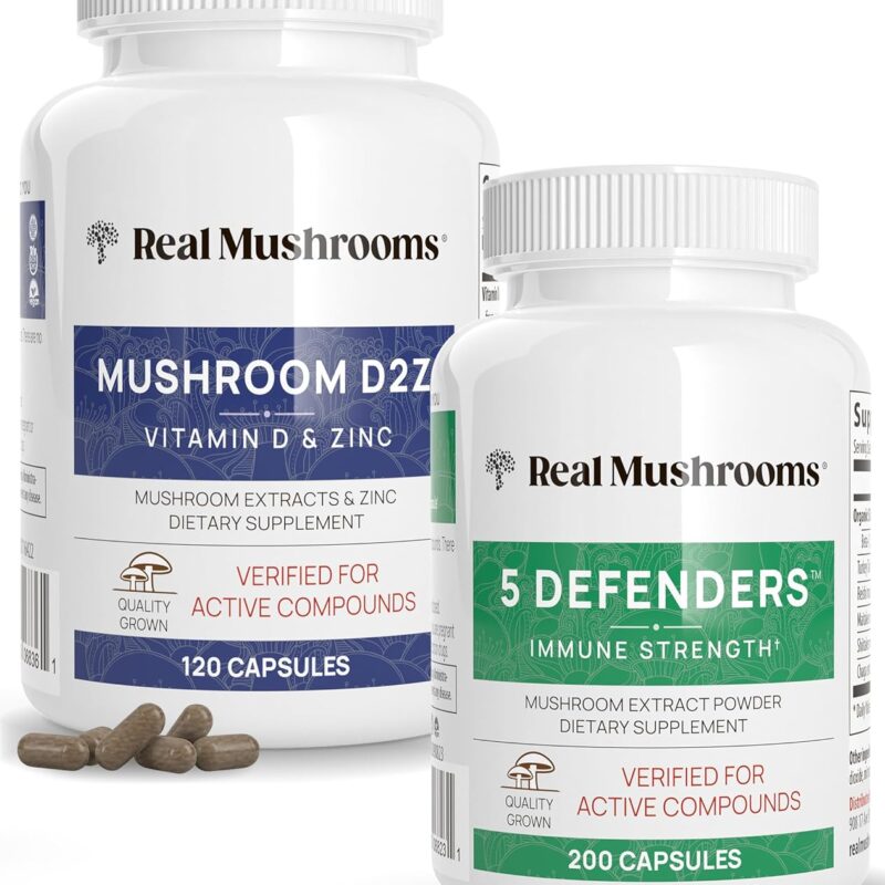 Real Mushrooms Vitamin D2, Zinc (120ct) and 5 Defenders (200ct) Bundle - with Turkey Tail, Shiitake, Reishi, Chaga, Maitake - Natural Immune Strength Supplement - Vegan, Gluten Free, Non-GMO