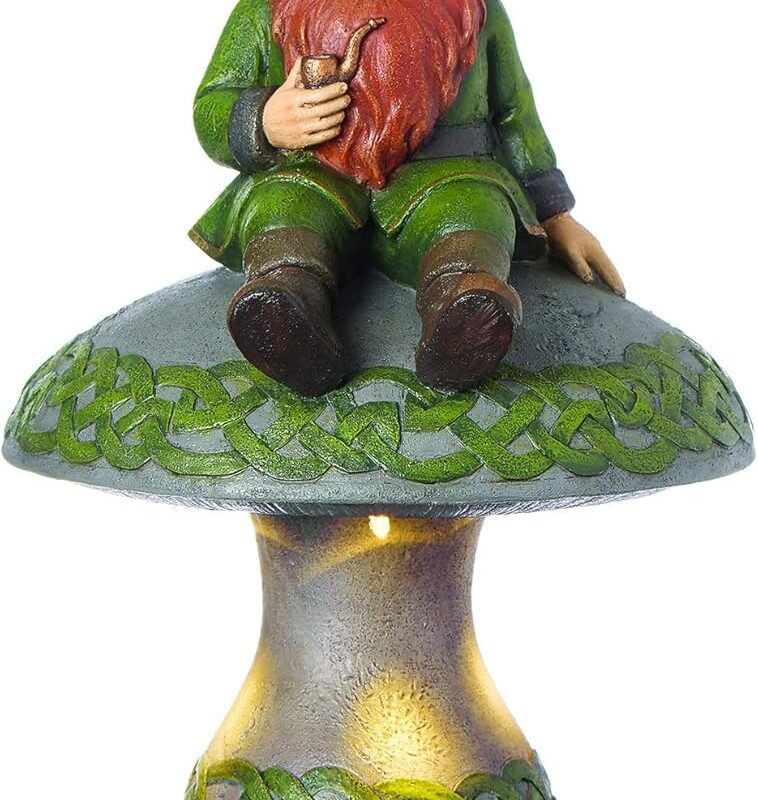 Roman Garden - LED Leprechaun on Mushroom Garden Statue, 16.75" H, Irish Collection, Resin and Stone, Decorative, Garden Gift, Home Outdoor Decor, Durable, Long Lasting