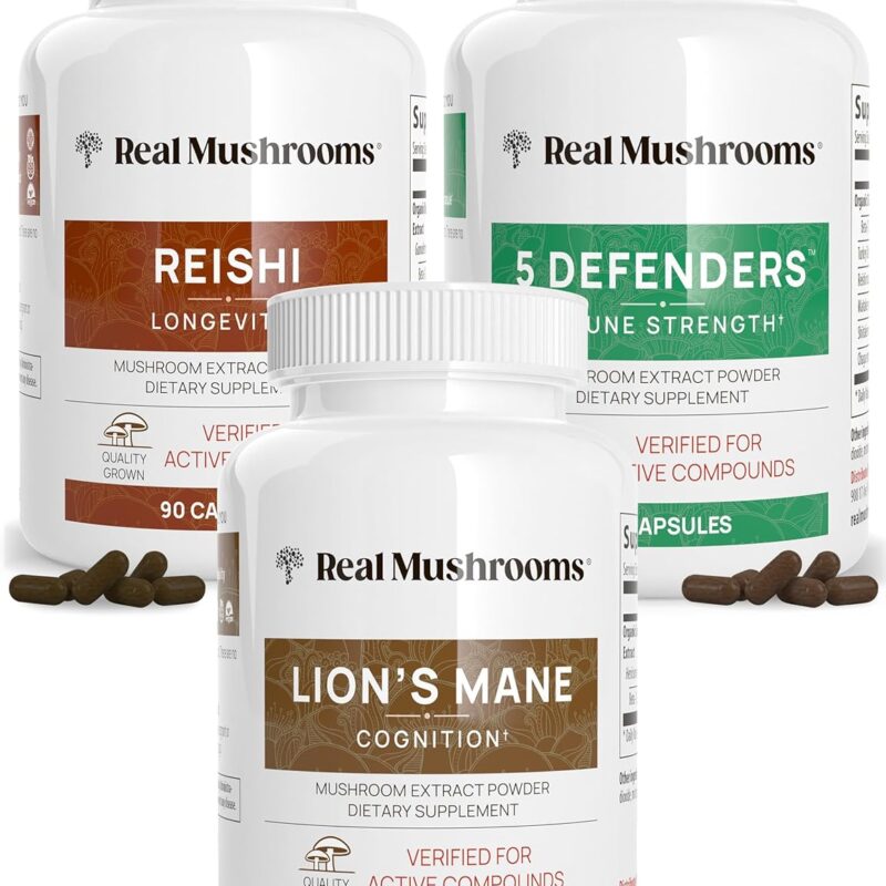Real Mushrooms Lions Mane (120ct), Reishi (90ct), 5 Defenders (90ct) Capsules Bundle - Mushroom Supplement for Cognition, Longevity, Relaxation & Immune Strength - Vegan, Non-GMO