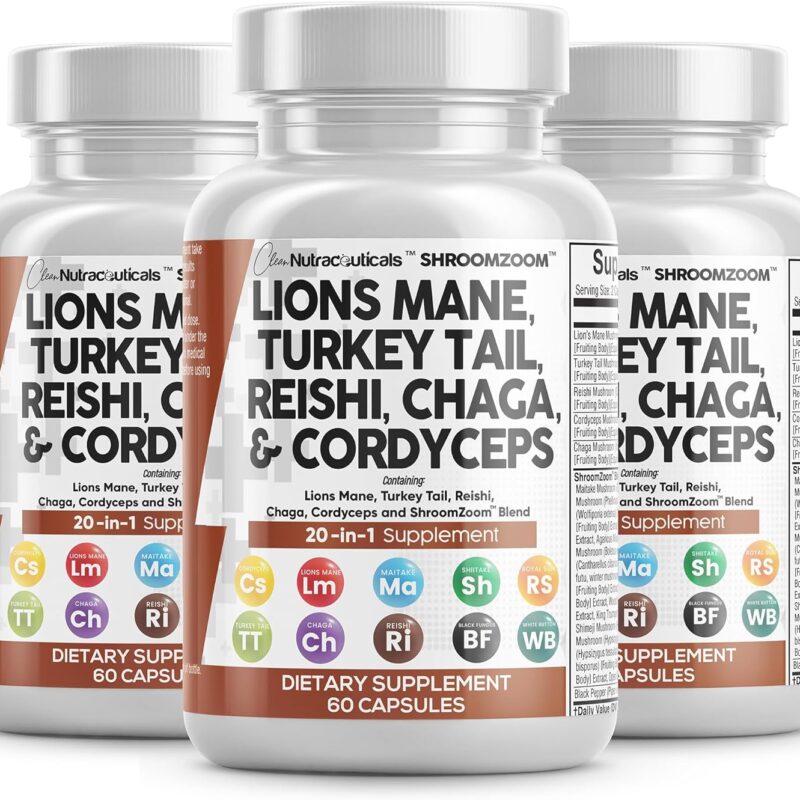 Clean Nutraceuticals Lions Mane 20in1 Mushroom Supplement with Turkey Tail Reishi Cordyceps Chaga Maitake Meshima Poria Cocos Shiitake Oyster Porcini Enoki - 3Pack
