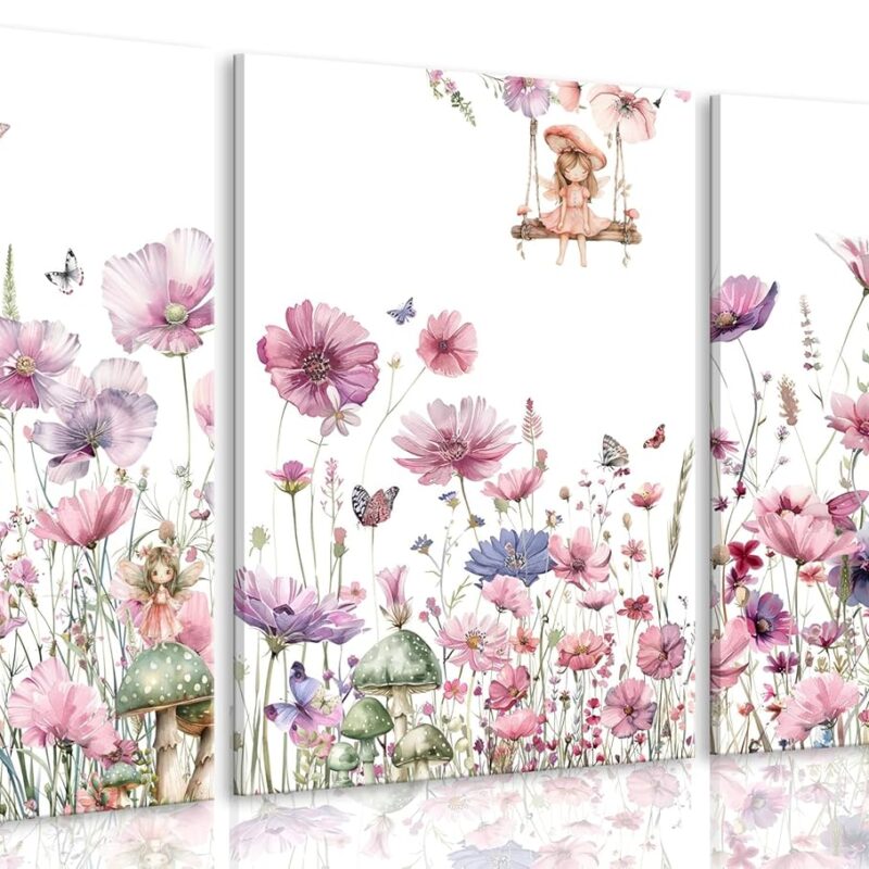 3Pcs Framed Watercolor Wildflower Canvas Wall Art Flower Fairy Posters Prints Purple Flowers mushroom Painting Pictures Wall Decor for Living Room Bedroom Girls Room Decoration