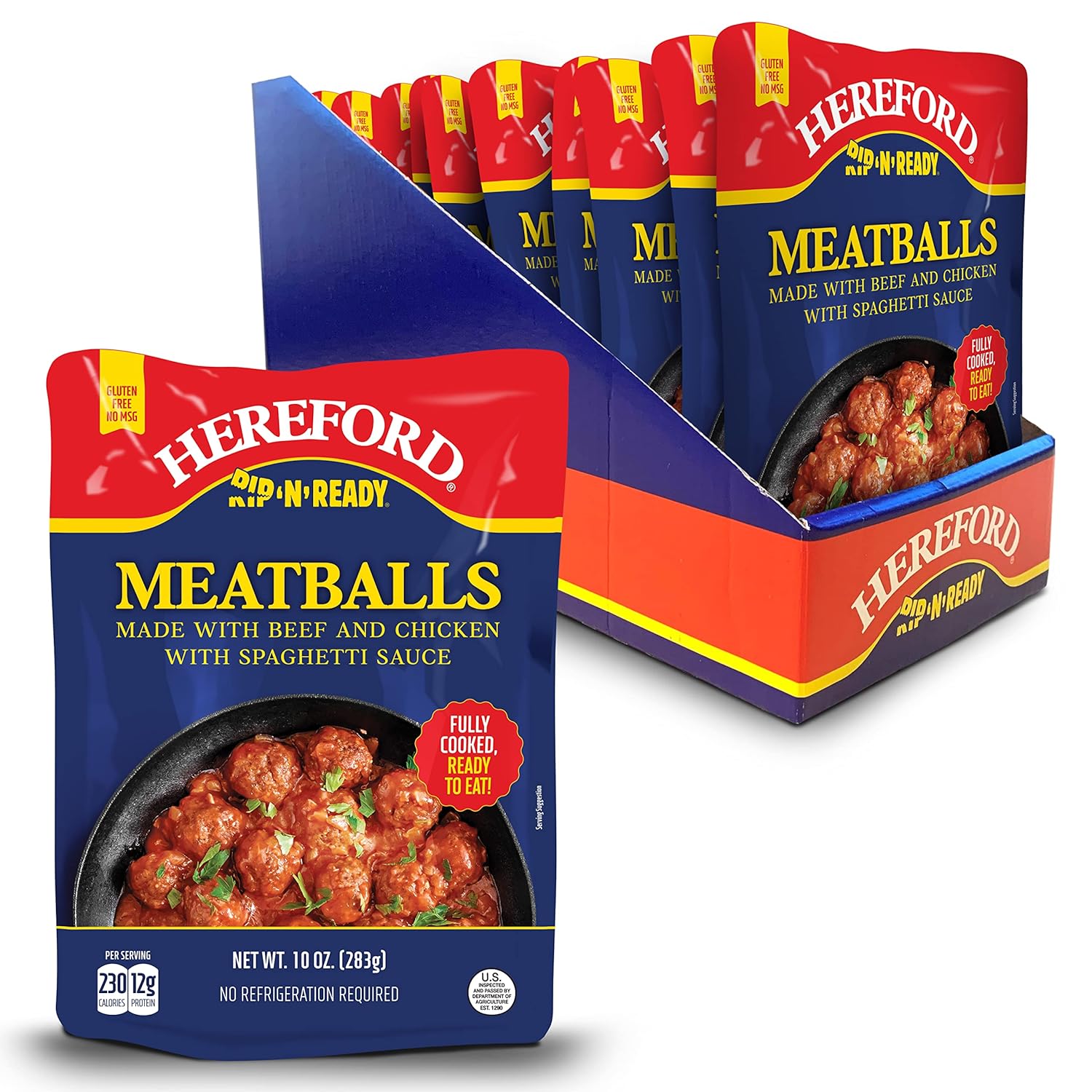 819wZ1HcSUL._SL1500_.jpg Hereford Meatballs with Spaghetti Sauce | Shelf Stable | Fully Cooked | Ready to Eat | 12g Protein per Serving | 10oz per Pouch (Case of 12)