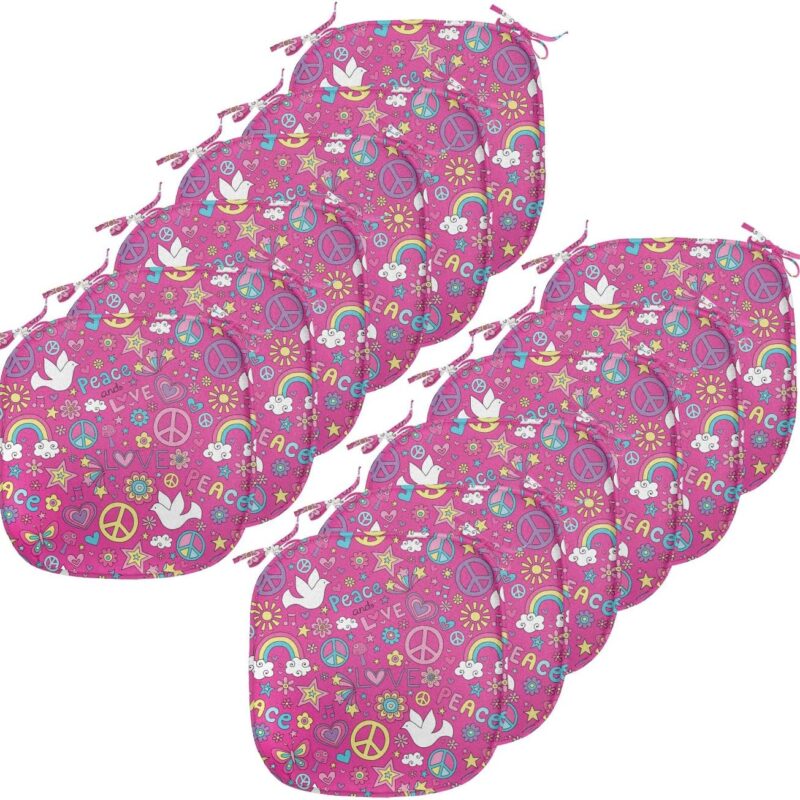 Lunarable 1960s Chair Seating Cushion Set of 12, Peace Notebook Doodle Sunshine Birds Mushroom Acoustic Shooting Star Design, Anti-Slip Seat Padding for Kitchen & Patio, 16"x16", Fuchsia Blue Purple