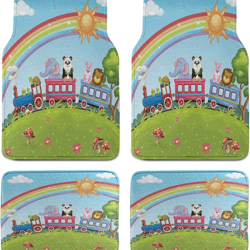 Ambesonne Zoo Car Mat Set of 4, Colorful Cartoon Animal Train Rainbow Sun Sky Mushrooms Flowers Tree Playful Funny, Front & Back Seat Floor Mat Durable PVC Backing Car Accesory, Multicolor
