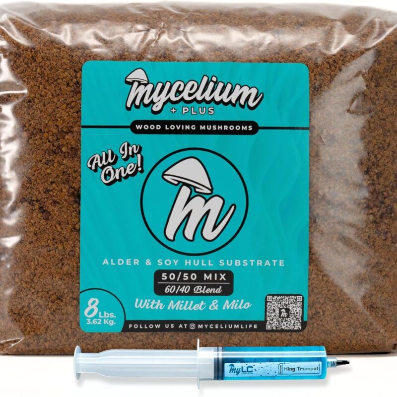 Mycelium Mushroom Growing Kit, King Trumpet Gourmet I Alder & Soy Hull Substrate I High Yield Proprietary Mix I Sterile Grow Bag with 60ml Liquid Culture Syringe for Starter & Pro Home Growers, 8lbs