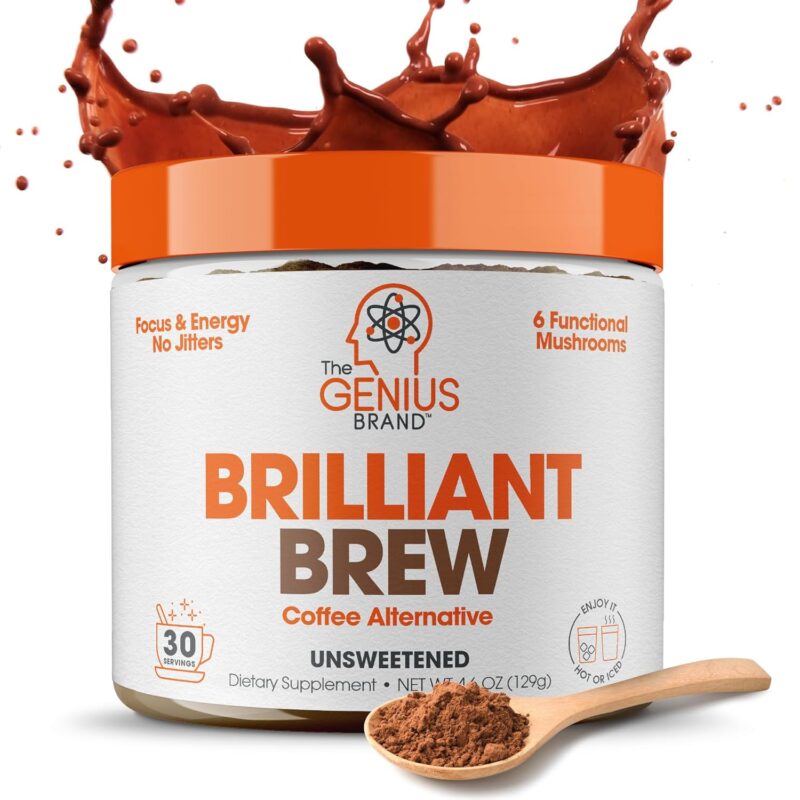 The Genius Brand Brilliant Brew- Unsweetened, Coffee Alternative- Nootropic Adaptogen Mushroom Coffee Substitute, Zero Sugar, No Preservatives or Artificial Flavors, Non-GMO & Soy-Free