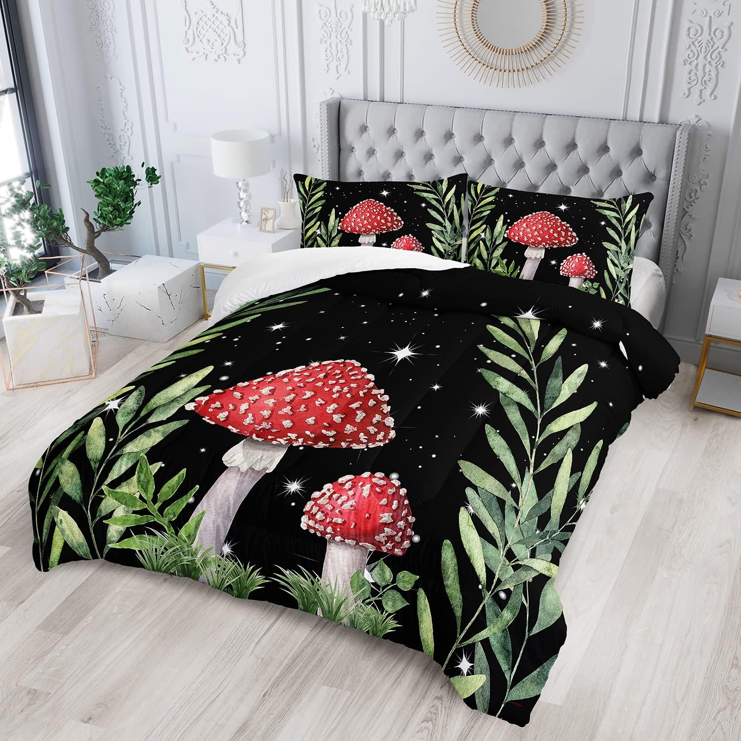 81CYyu4w6FL._AC_SL1500_.jpg Galaxy Mushroom Comforter Set Queen Size Kids Mushroom Bedding Set Leaves Quilt Bed Set for Boys Girls Adults with 1 Comforter and 2 Pillowcases