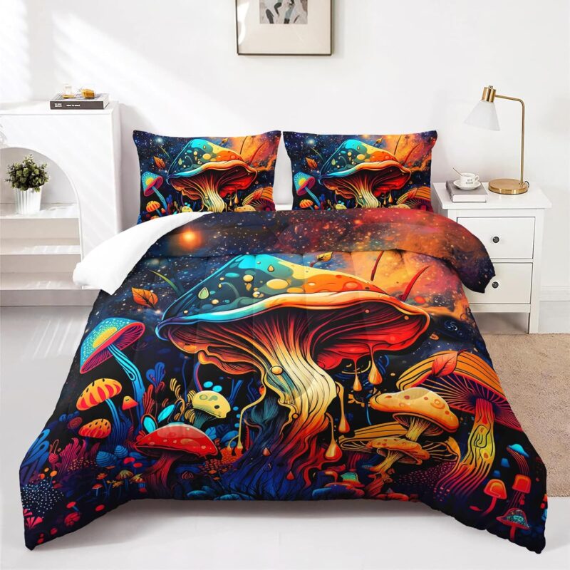 Mushroom Bedding Set Full Size Comforter Set with 2 Pillowcases,Fantasy Natural Wild Fungus Comforter Set for Kids Boys Girls Soft 3 Pcs Bedding Mushroom Bedroom Bed Decor