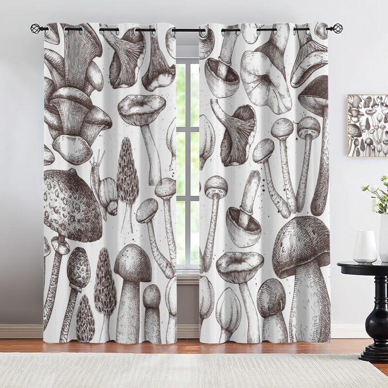Vintage Brown Mushroom Curtains, Cartoon Forest Plant Mushroom Grommet Curtains, Natural Wild Plant Mushrooms Gromment Drapes, Drapes, for Living Room Bedroom-63 W × 63" L