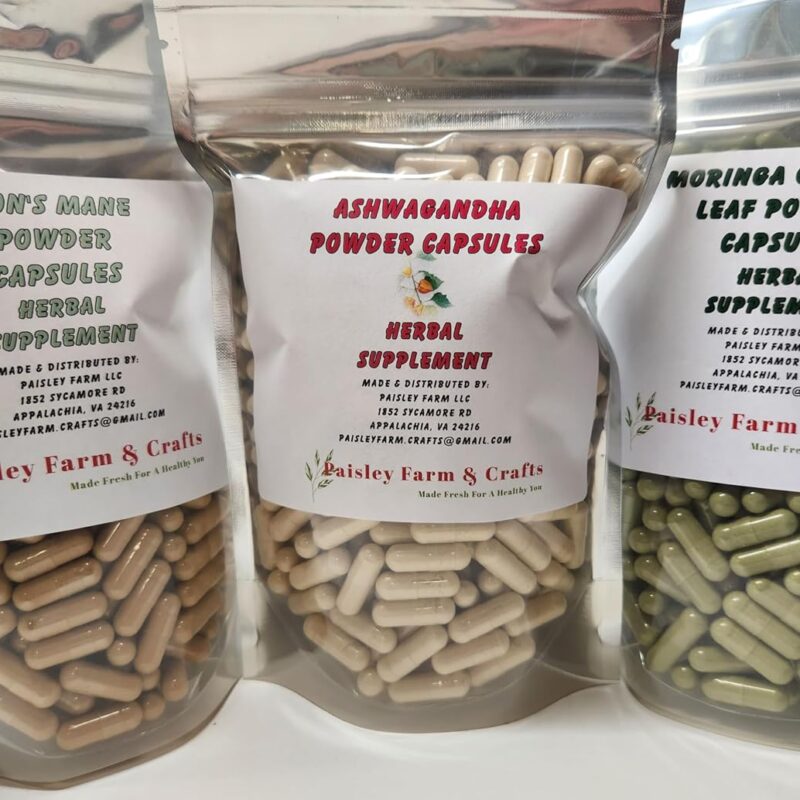 PAISLEY FARM & CRAFTS MADE FRESH FOR A HEALTHY YOU Triple Value Pk - Ashwagandha, Moringa Leaf and Lions Mane [Fruiting Body] Capsules 300 Each