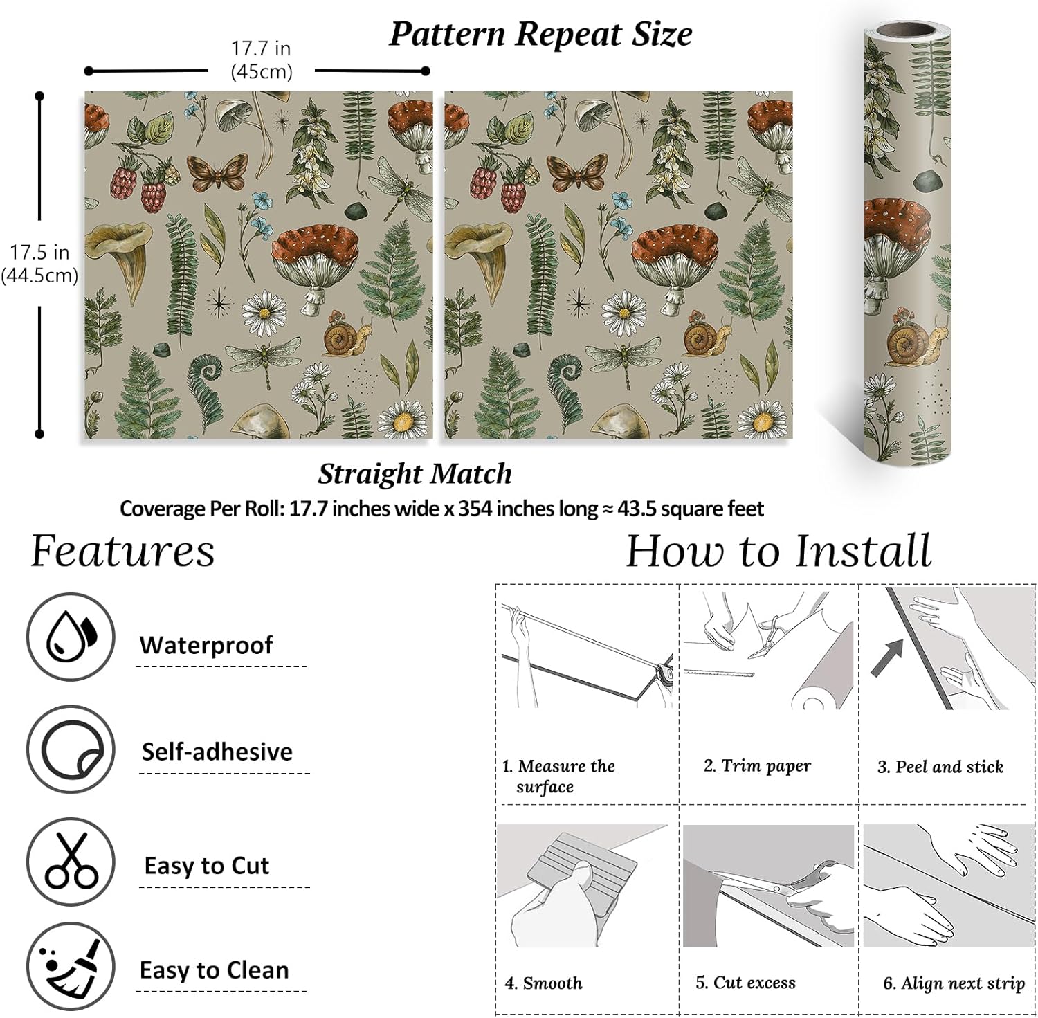 81EC15NGgWL._AC_SL1500_.jpg VEELIKE Brown Mushroom Peel and Stick Wallpaper Vintage Fern Botanical Wallpaper Removable Woodland Forest Wallpaper for Nursery Kids Bedroom 17.7''x354'' Self Adhesive Contact Paper for Walls Cabinet - Image 8