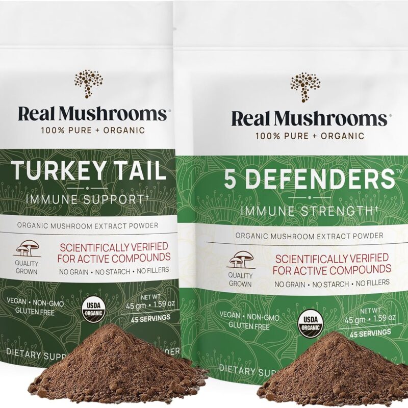 Real Mushrooms Turkey Tail (45g) and 5 Defenders (45g) Mushroom Extract Powder Bundle - Mushroom Supplement for Immune Strength - Vegan, Non-GMO Immunity Supplement