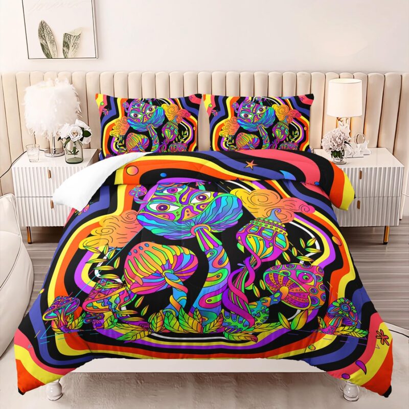 Mushroom Comforter Set for Women, Retro Groovy 3 Pieces Bedding Set Queen Size Hippie Mushroom Bedding Set for Women Teen Room Decor with 1 Comforter 2 Pillowcase