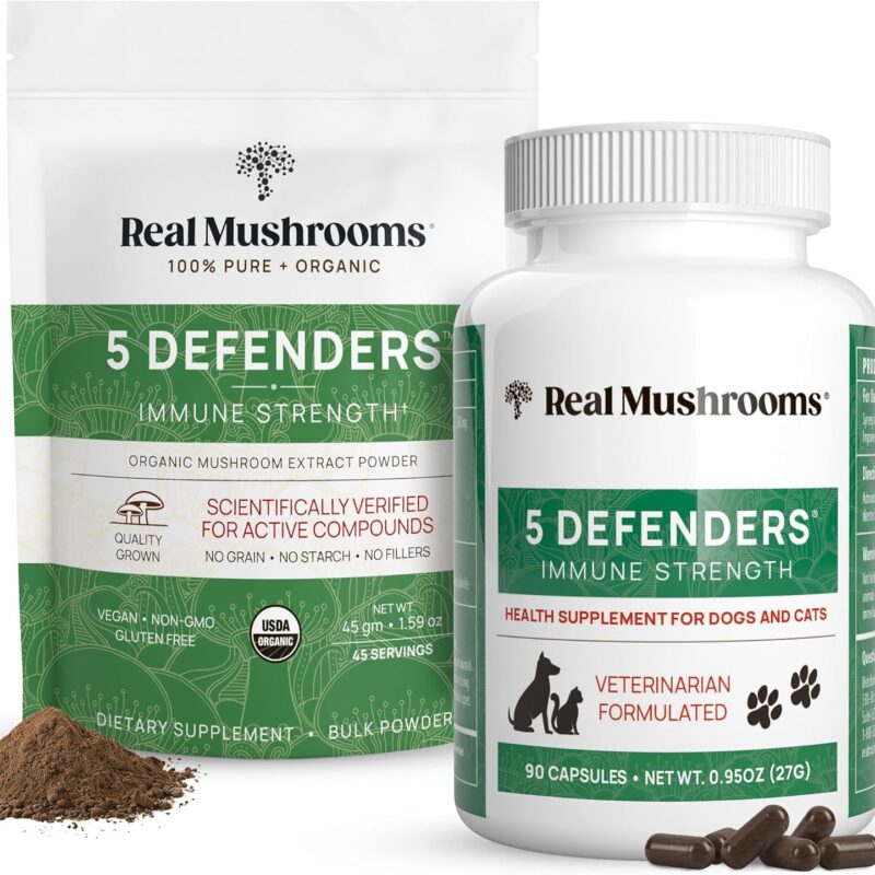 Real Mushrooms 5 Defenders for Humans (45g) & Pets (90ct) - Pouch & Capsules Bundle - Chaga, Shiitake, Maitake, Turkey Tail & Reishi Mushroom - for Immune Strength & Overall Wellbeing - Vegan, Non-GMO