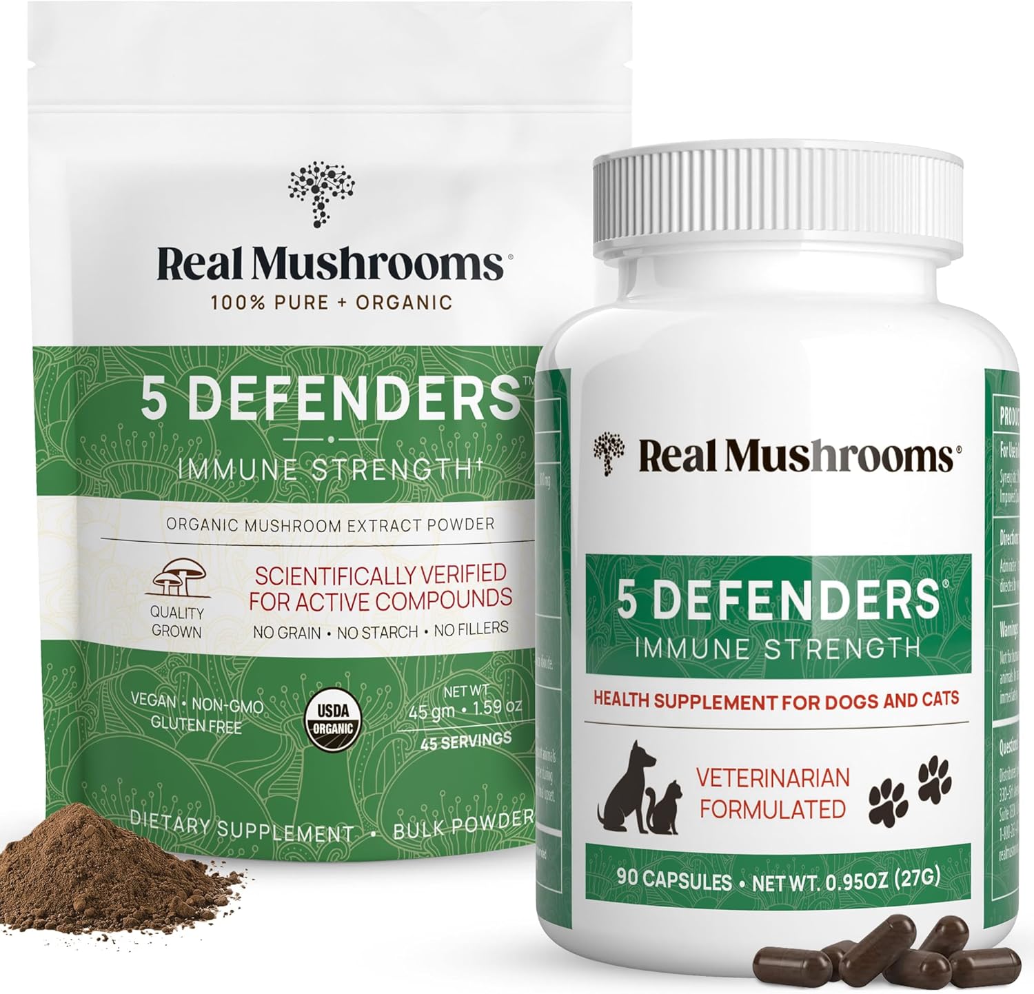 81F7GpKXx9L._AC_SL1500_.jpg Real Mushrooms 5 Defenders for Humans (45g) & Pets (90ct) - Pouch & Capsules Bundle - Chaga, Shiitake, Maitake, Turkey Tail & Reishi Mushroom - for Immune Strength & Overall Wellbeing - Vegan, Non-GMO