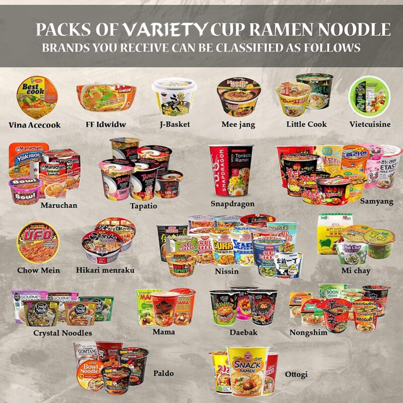 Ramen Captain Assorted Ramen Variety Bundle. Instant Noodle Box w/Fortune Cookie & Chopsticks - Nong Shim, Nissin, Samyang, Mama, Acecook, Kung-Fu, Ottogi with Extra Mix Brands. (15 pack cups, 5 assorted bags) ASIN: B09PKPM5K9
