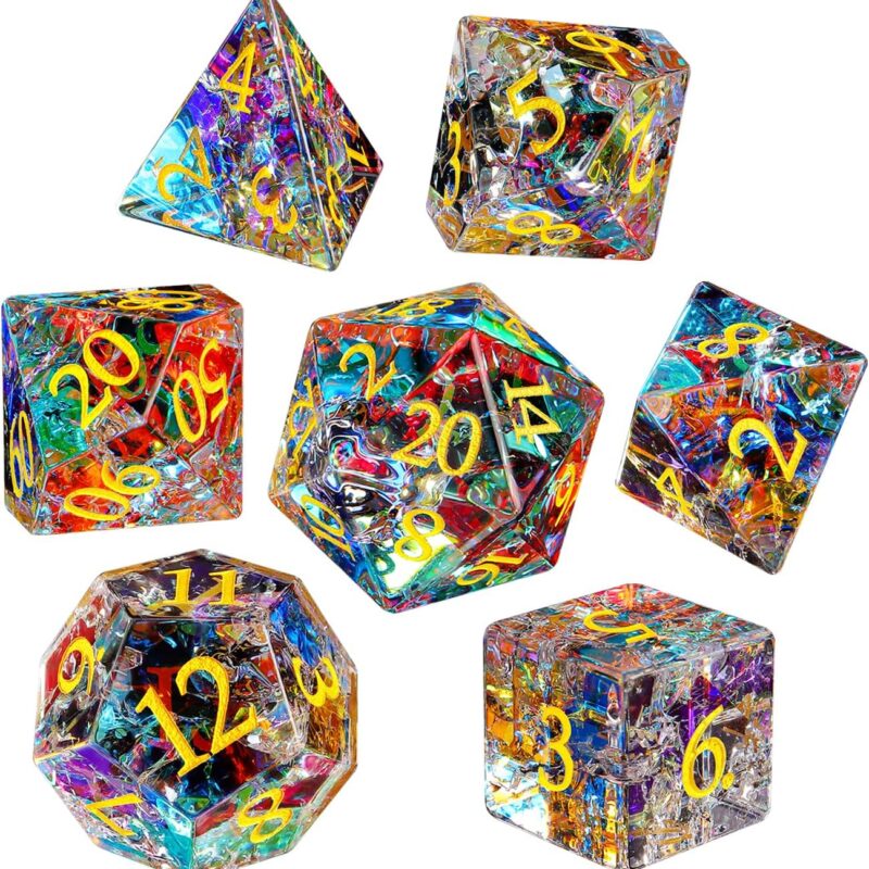 LUCKY-M Rainbow Gemstone Dice DND Dungeons and Dragons Dice Set Handmade RPG Dice D&D Accessories Gift Natural Stone Dice (Rainbow Mirror Crack)