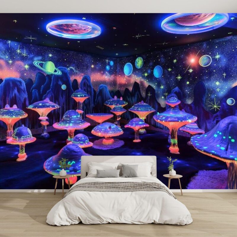 3D Modern Canvas Wallpaper Mural Cosmic Glow Mushrooms Stars Boy s Space Themed Bedroom Peel and Stick Removable Self Adhesive Wall Stickers for Living Room Kids Bedroom Home Decor