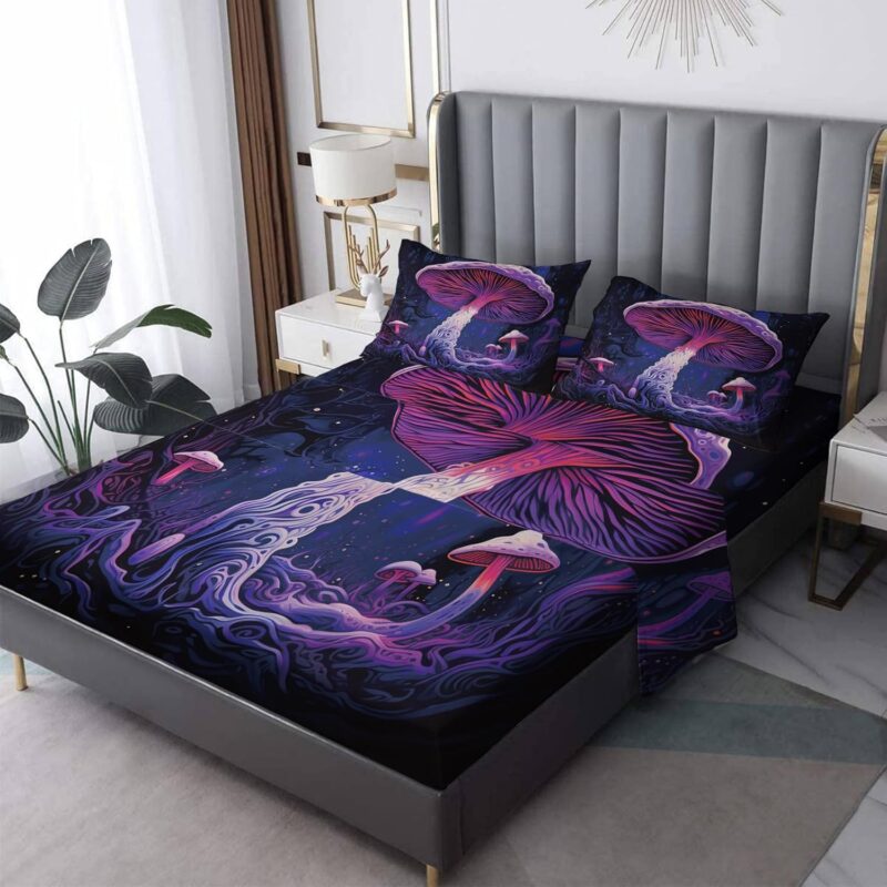 Full Size Sheets Set Mushroom - Psychedelic Bed Sheets - Purple Mushroom Sheet Set - 16 Inch Deep Pocket - Ultra Soft Winkle Free Microfiber Bedding Sheets & Pillowcases 4 Piece
