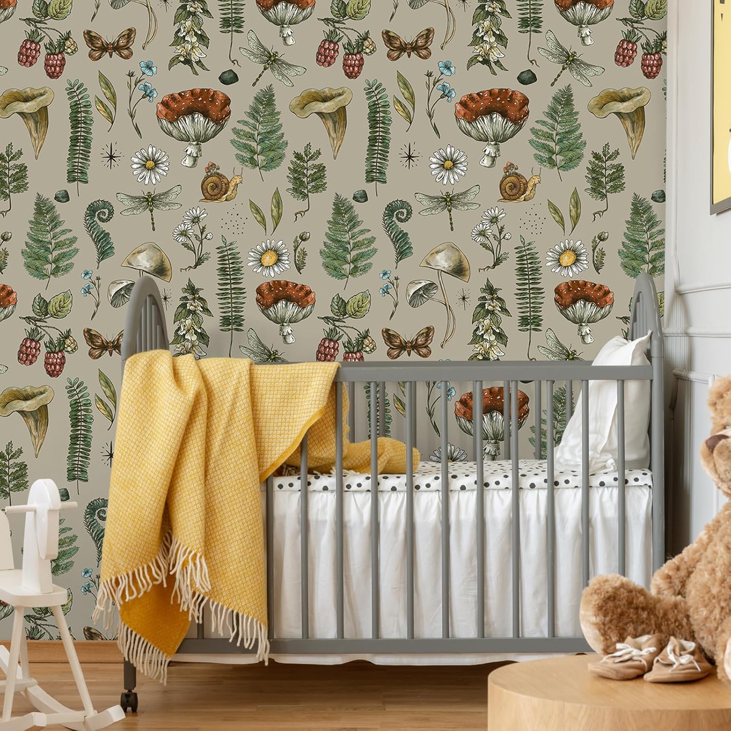 81I5fsd4WaL._AC_SL1500_.jpg VEELIKE Brown Mushroom Peel and Stick Wallpaper Vintage Fern Botanical Wallpaper Removable Woodland Forest Wallpaper for Nursery Kids Bedroom 17.7''x354'' Self Adhesive Contact Paper for Walls Cabinet - Image 2