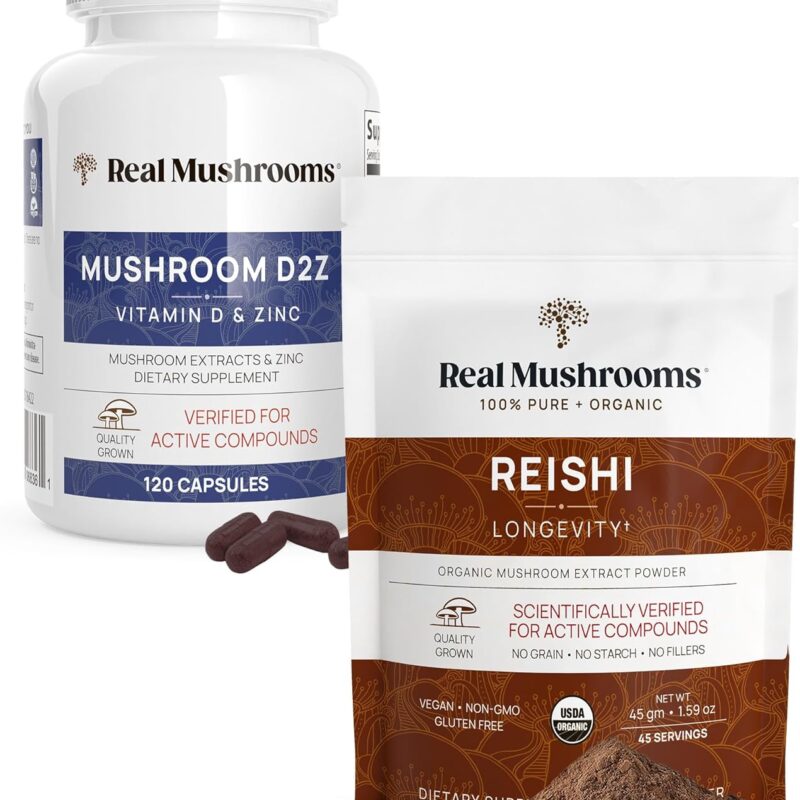 Real Mushrooms Vitamin D2, Zinc (120ct) and Reishi Organic Powder (45 Servings) Bundle with Chaga - Natural Support for Immunity, Better Sleep, and Relaxation - Vegan, Gluten Free, Non-GMO