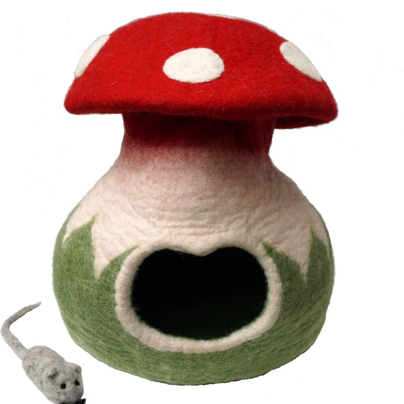 100% Wool Felt Cat Cave Bed Mushroom Handmade in Nepal with Free Mouse Toy Included