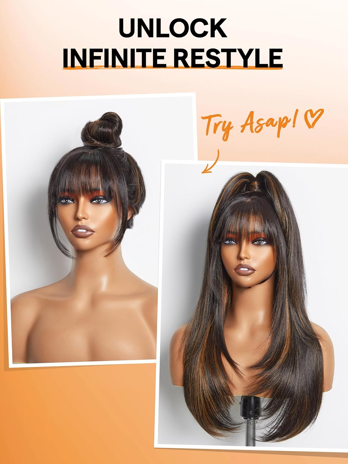 81Ic1FgIotL._SL1500_.jpg GORGIUS Highlight Straight Layered Wigs with Bangs Glueless Black Mixed Brown Wig 22 Inch Put On Go Wigs Crafted with Style-Archive Premium Fiber Natural Hairline - Image 2