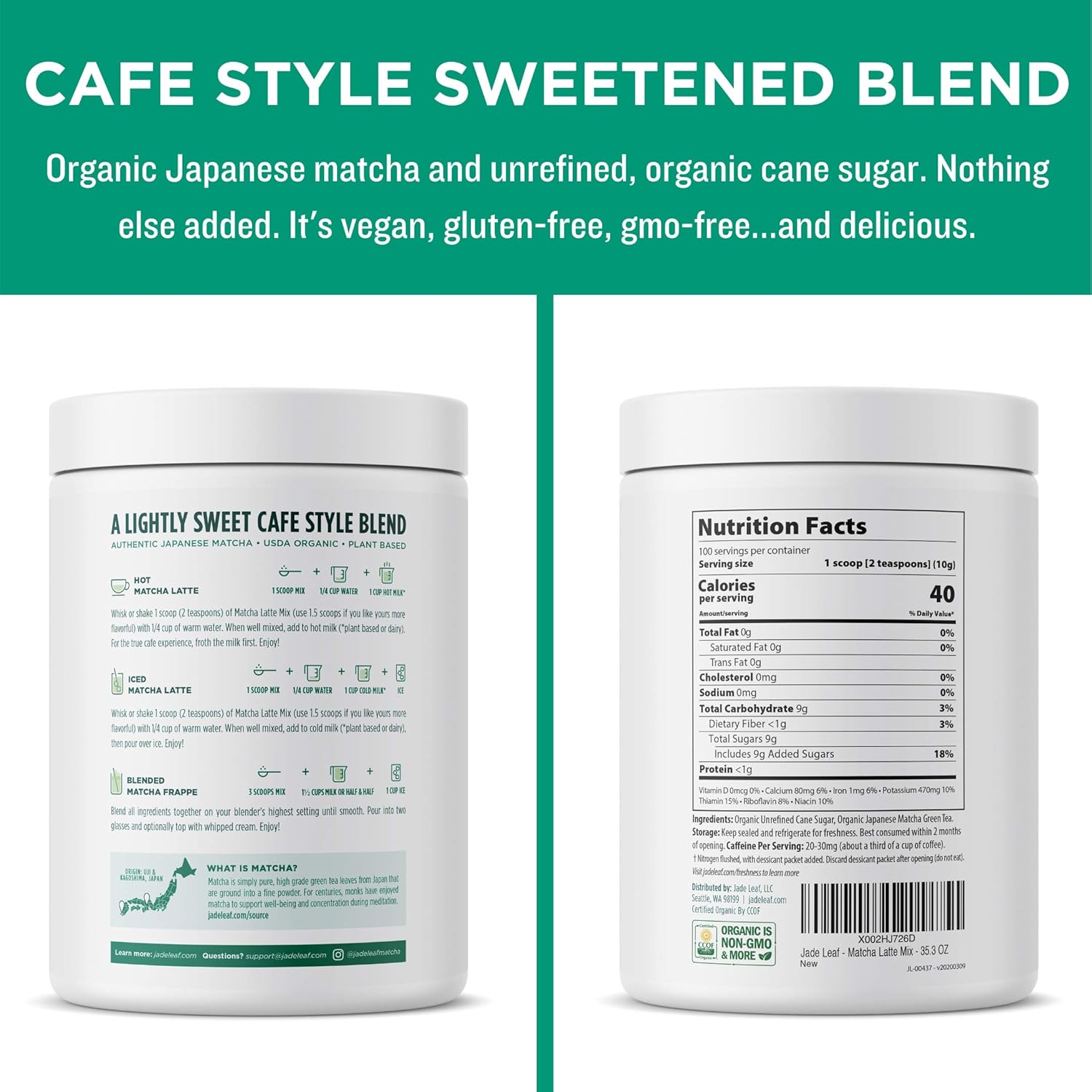81It3428IL._SL1500_.jpg Jade Leaf Matcha Organic Cafe Style Sweetened Matcha Latte Green Tea Powder, Premium Barista Crafted Mix - Authentically Japanese (2.2 Pound Tin) - Image 2