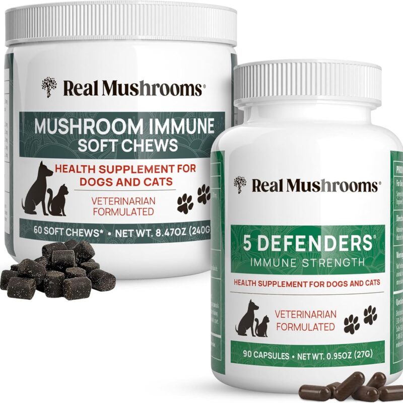 Real Mushrooms Immune Pet Chews (60ct) & 5 Defenders Pet Support (90ct) - Bundle for Immune Strength - Chaga, Shiitake, Reishi, Turkey Tail, Maitake, Ashwagandha, Astragalus & More - Vegan, Non-GMO