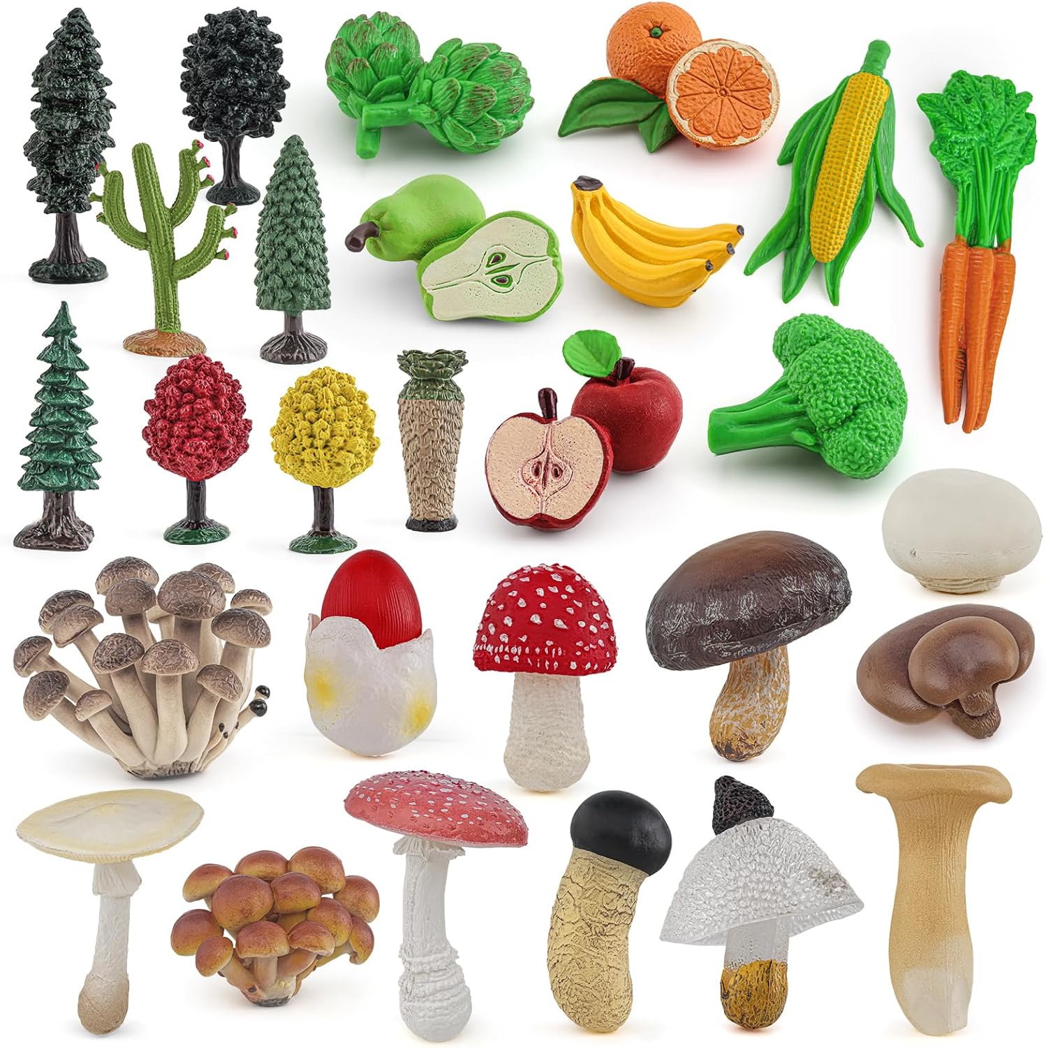 81LoRIk8zWL._AC_SL1500_.jpg Fungi Vegetable Fruit Tree Model Playsets 28 PCS Mushroom Corn Carrot Broccoli Apple Banana Orange Pear Figurines Party Favors Supplies Cake Toppers Set Toys for Boys Girls Kid Toddlers