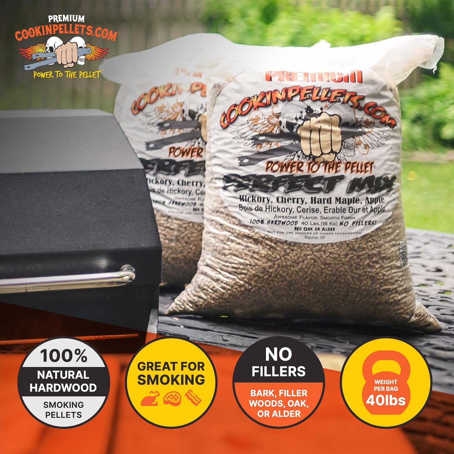 81MVRm44VlL._AC_SL1500_.jpg CookinPellets 40PM Perfect Mix All-Natural Hickory, Cherry, Hard Maple, and Apple Grill Smoker Smoking Hardwood Wood Pellets, 40 Lb Bag (2 Pack) - Image 3