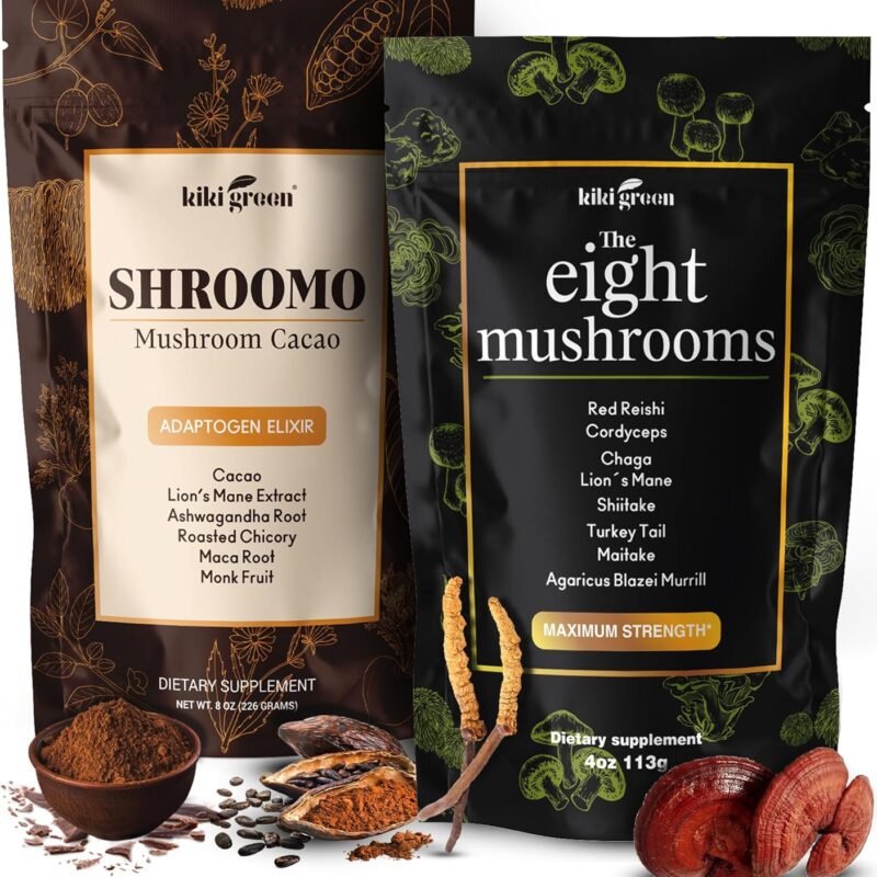 KIKI Green 8 Mushrooms & Shroomo Powder Bundle - Adaptogenic Mushroom Complex & Mushroom Coffee Alternative for Focus, Energy, Clarity - Vegan Mushroom Supplements for Coffee, Smoothies, Tea