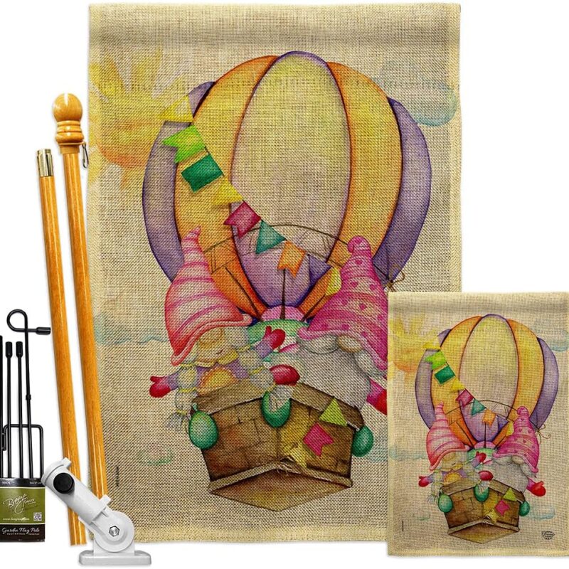 Balloon Burlap Garden House Flag Kit Friends Gnome Autumn Harvest Fall Fairy Springtime Natural Mushroom Decoration Banner Small Yard Gift Double-Sided, Made in USA