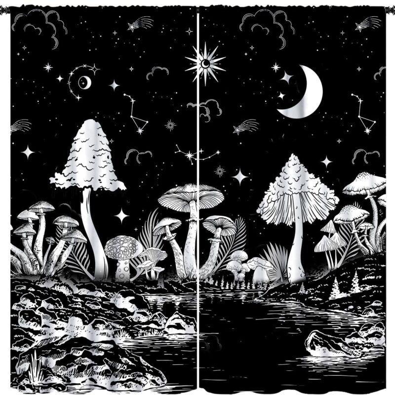 Black White Mushroom Curtains,Mountain with Pine Trees and Lake Landscape Window Drapes,Boho Galaxy Star Print Blackout Window Treatment for Bedroom Living Room College Dorm 52x84in