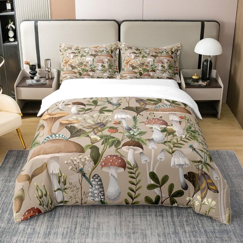 Mushroom 100% Cotton Duvet Cover Queen Watercolor Wild Jungle Plants Rustic Style Bedding Set for Kids Teens Adults Wild Dragonfly Moth Cute Strawberry Comforter Cover with 2 Pillowcases(No Comforter)