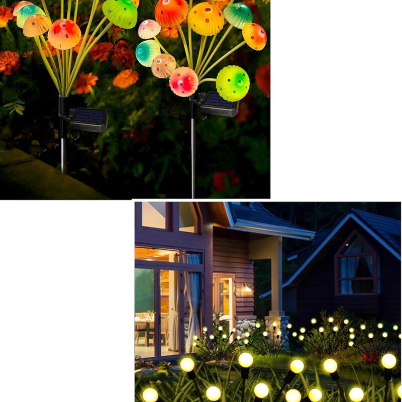 4 Pack Solar Firefly Lights& 2 Pack Solar Mushroom Lights, Gardening Gifts for Women, Solar Garden Decor for Yard Lawn Patio