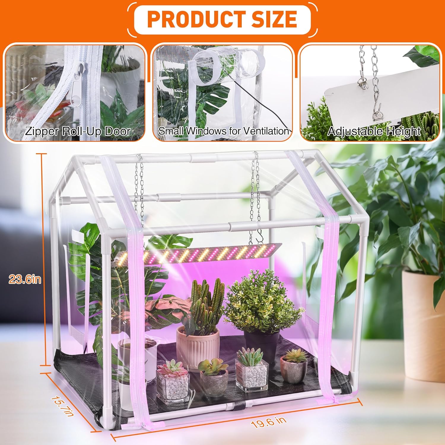 81OhJVJ4kmL._AC_SL1500_.jpg Meonum Mini Greenhouse with Grow Light for Indoor, Tabletop Small Greenhouse Kit with Bottom Mat for Waterproof, 15W Plant Dimmable LED Grow Lights and Timer, 3 Light Color Mode for Seed Starter Tray - Image 2