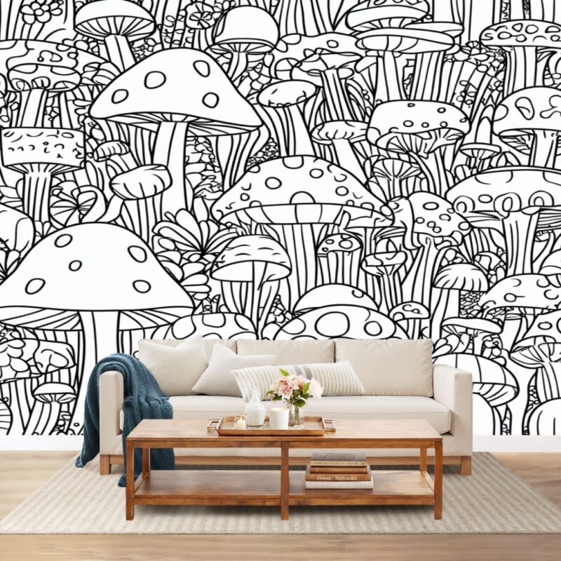 Wall Mural Doodle Mushrooms Seamless Pattern Coloring Black White Print for Self-Adhesive Peel & Stick Wallpaper Removable Canvas Wall Sticker Decor for Bedroom Living Room Bathroom 100"x144"