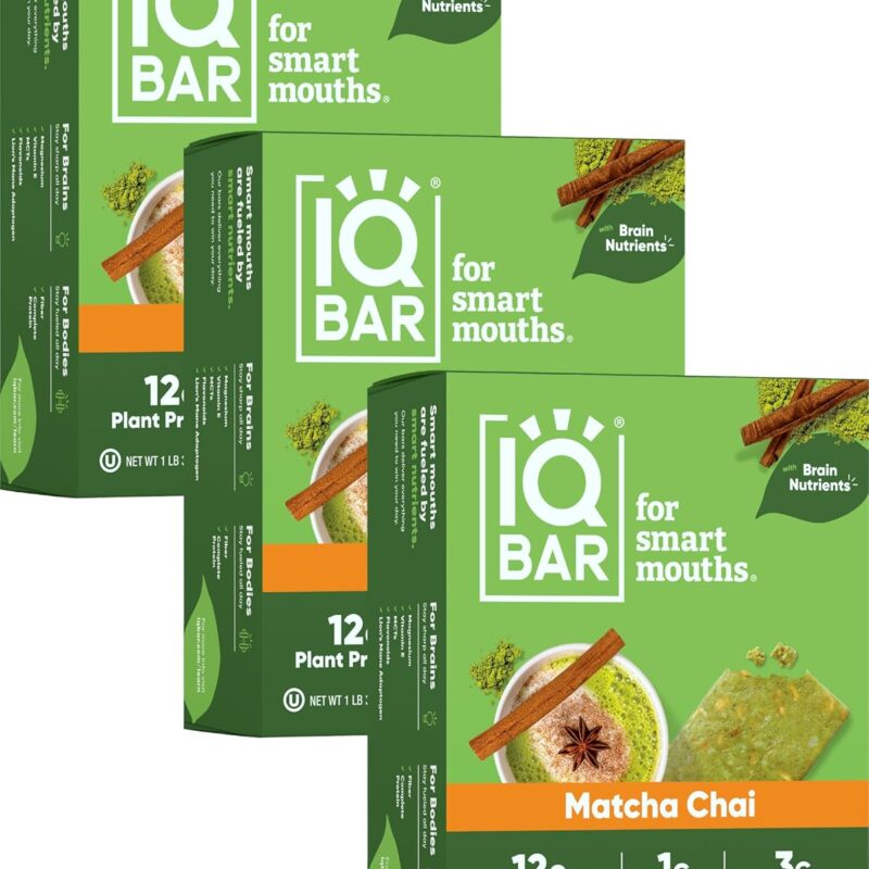 IQBAR Brain and Body Plant Protein Bars - Matcha Chai - 36-Count Low Carb - Gluten Free, High Fiber, Vegan Snacks - Low Sugar Meal Replacement