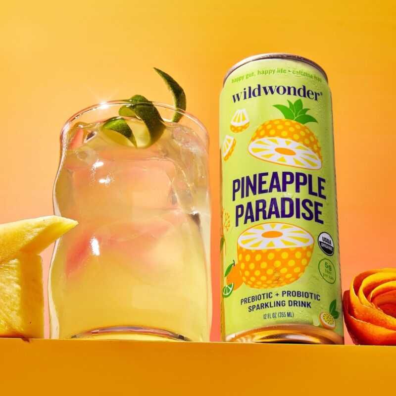 wildwonder Sparkling Probiotic Drink 12pk, For Gut Health & Immune Support, Pineapple Paradise, 5g Prebiotic Fiber, Live Probiotics, Organic, Vegan, Low Sugar, 12 Pack, 12oz Can, As Seen on Shark Tank