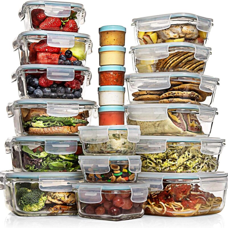Razab 35 Pc Set Glass Food Storage Containers with Lids - Meal Prep Airtight Bento Boxes BPA-Free 100% Leak Proof (15 lids,15 glass & 5 Plastic Sauce/Dip Containers)