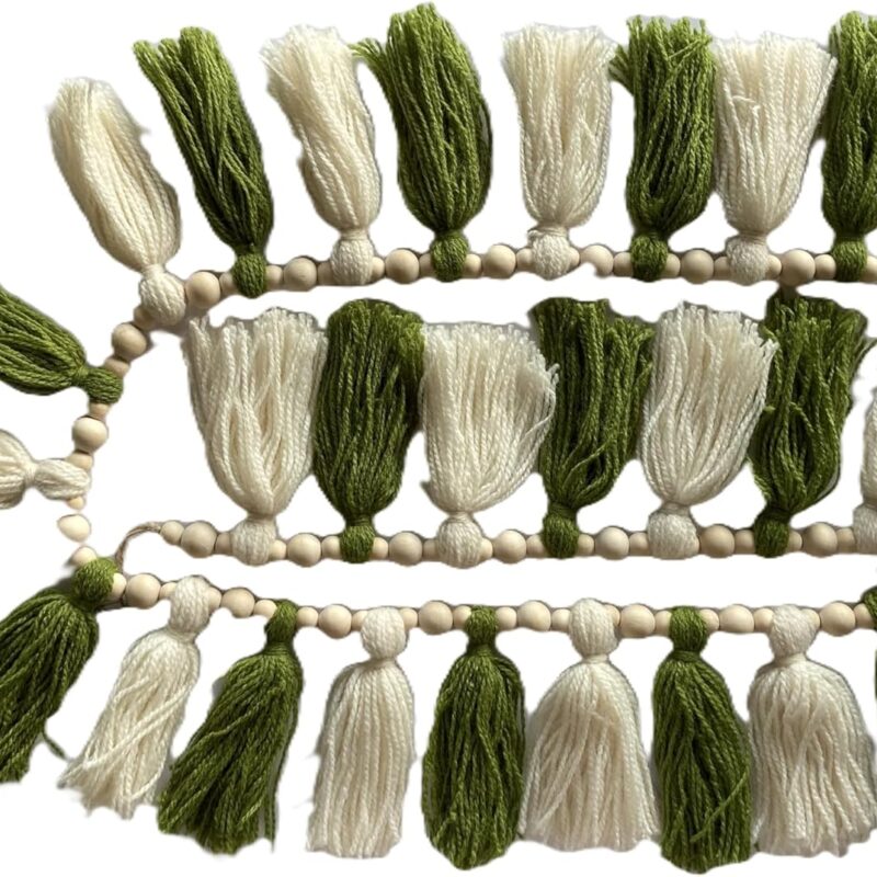 Willow Mountain Mushrooms Pine and Winter White 60" Tassel and Bead Garland - Boho Decor ~ Perfect topper for your Traditional or Woodland Christmas Mantel!