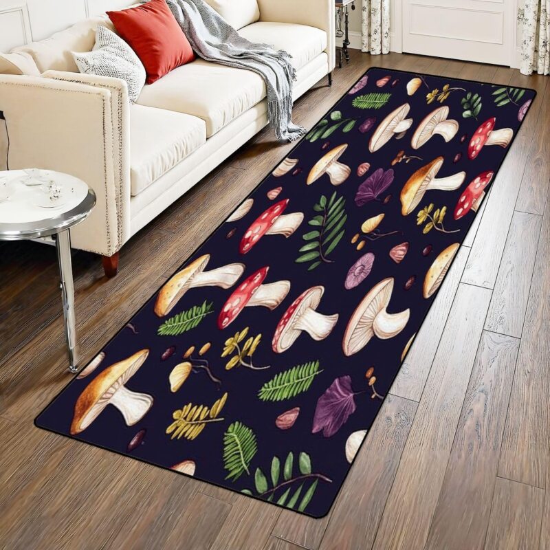 Runner Rug 2x6 Seamless repeating pattern bright colored mushrooms twigs dark Pattern Washable Area Runner Rug Bathroom Rugs Kitchen Mats For Floor Door Mat Runners For Hallways Living Room Bedroom