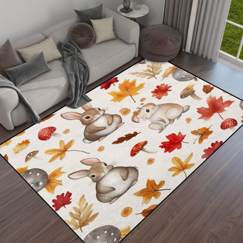 Autumn Seamless Pattern Bunny Mushroom hat Cones Leaves mashrooms Area Rug Outdoor Patio Rug Play Mat Modern Floor Carpet Non-Slip Home Decor Living Room Kids Bedroom Nursery, 6x9 ft
