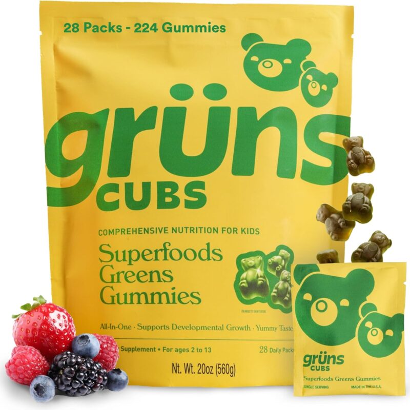 Gruns Kids Super Greens Gummies, Low Sugar, Superfood Gummy Bears with Spirulina, Chlorella, Prebiotics Fiber for Digestive Health, Adaptogens Supplement with 20 Vitamins & Minerals - 28 Day Supply