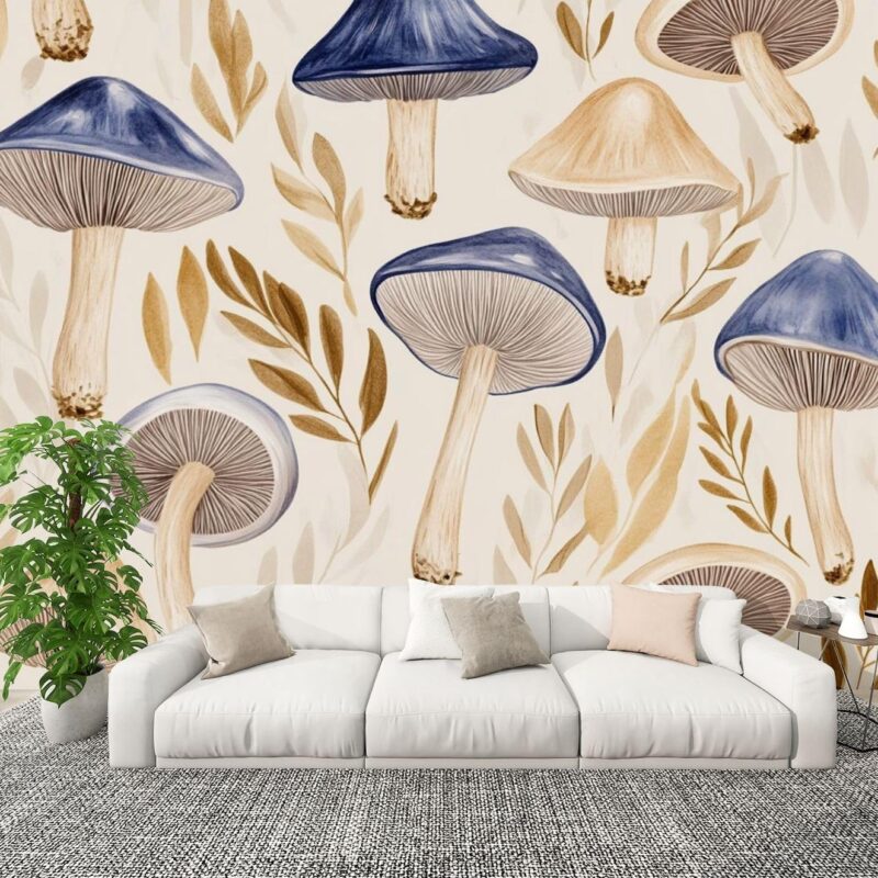 Modern Peel and Stick Wall Mural Wallpaper Beige Blue Mushroom Vintage Mushrooms Leaves Caps Brown Stems Self Adhesive Removable Wall Stickers for Living Room Bedroom TV Background 100"x144"