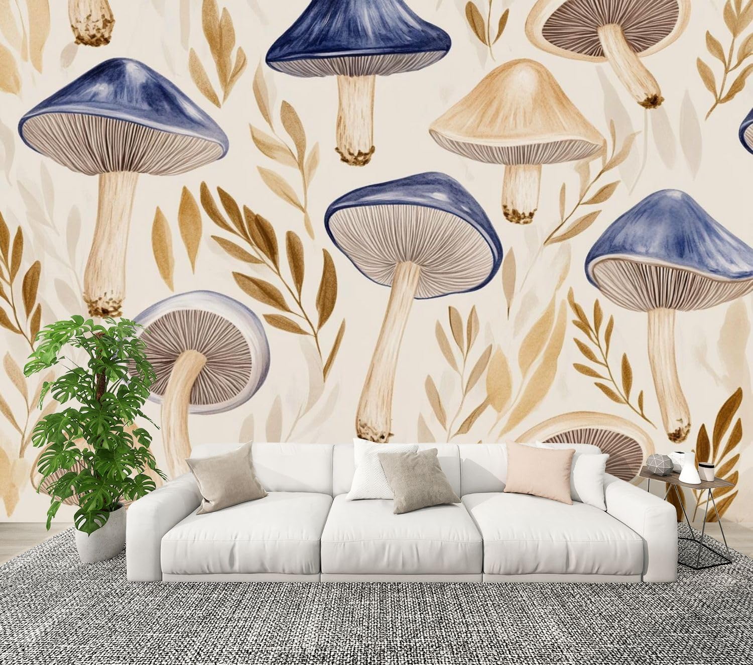 81RdNajPgML._AC_SL1500_.jpg Modern Peel and Stick Wall Mural Wallpaper Beige Blue Mushroom Vintage Mushrooms Leaves Caps Brown Stems Self Adhesive Removable Wall Stickers for Living Room Bedroom TV Background 100"x144"