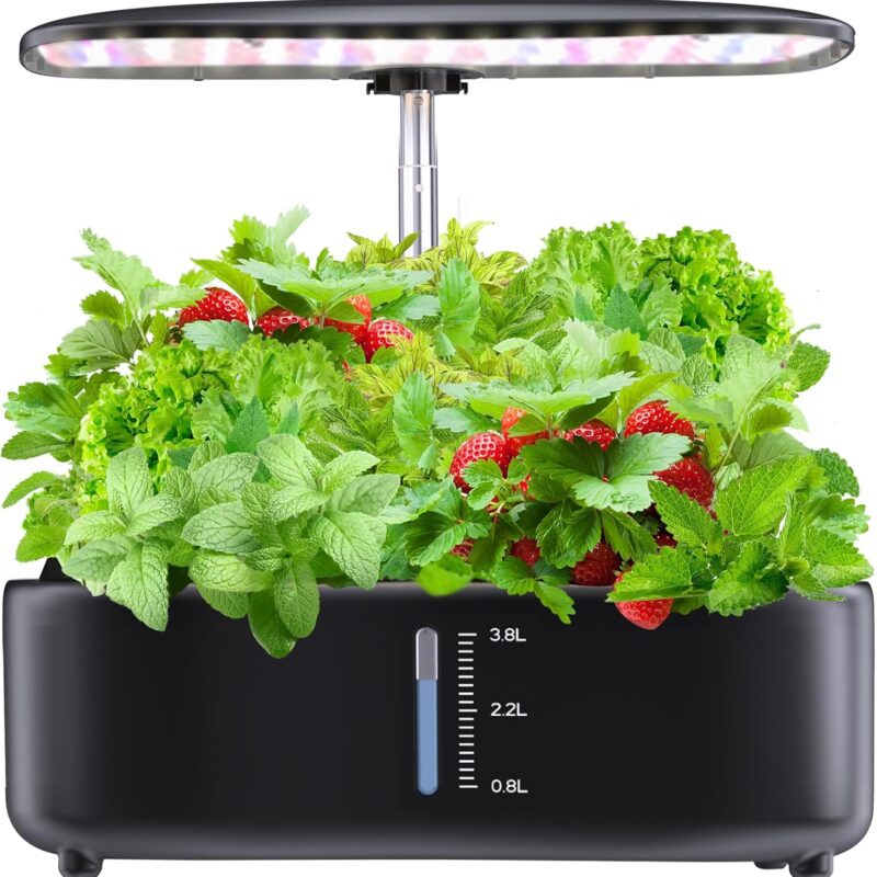 Hydroponics Growing System Kit 12Pods, Birthday Gifts for Mom Women, Herb Garden Indoor with LED Grow Light for Home, Adjustable Height Up to 17", 12Pods,Auto-Timer (Black)