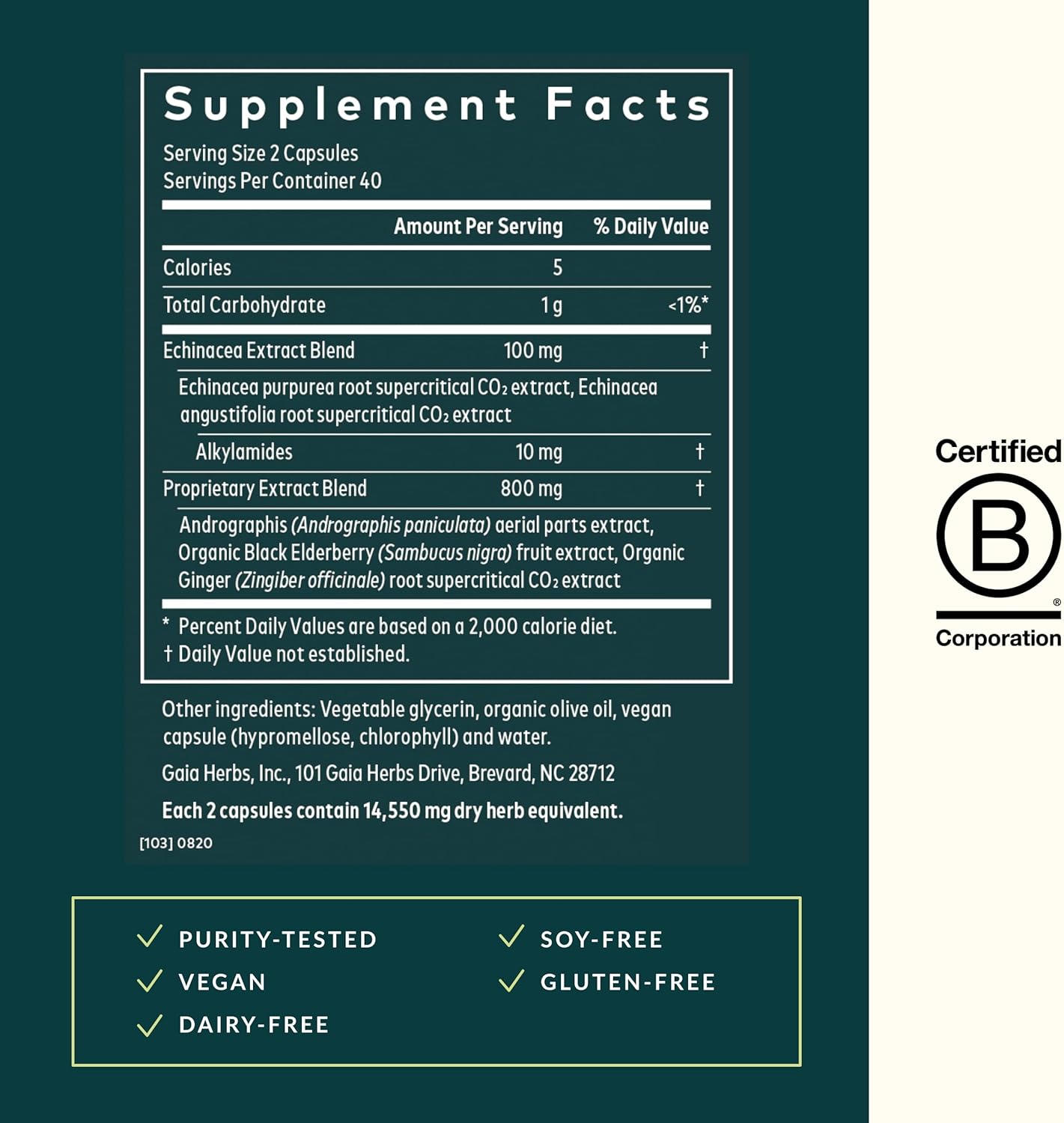 81SAvv-5VjL._AC_SL1500_.jpg Gaia Herbs Quick Defense - Fast-Acting Immune Support Supplement for Use at Onset of Symptoms - with Echinacea, Black Elderberry, Ginger & Andrographis - 80 Vegan Liquid Phyto-Capsules (8-Day Supply) - Image 2